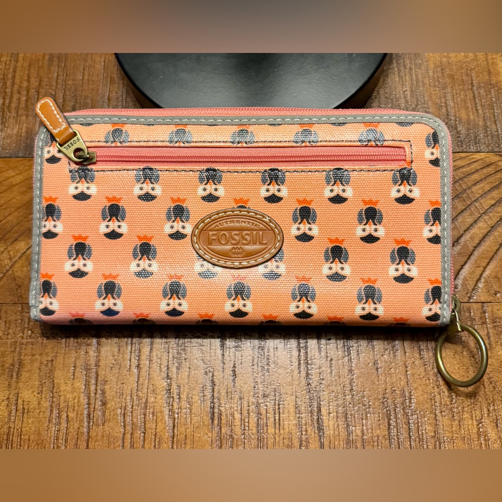 Used Fossil Coral Owl Print Zip Around Coated Canvas Wallet